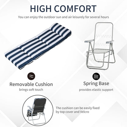 Set of 2 Folding Reclining Garden Chairs with Cushions - Blue and White