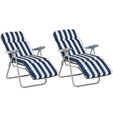 Pair of blue and white folding reclining garden chairs with cushions