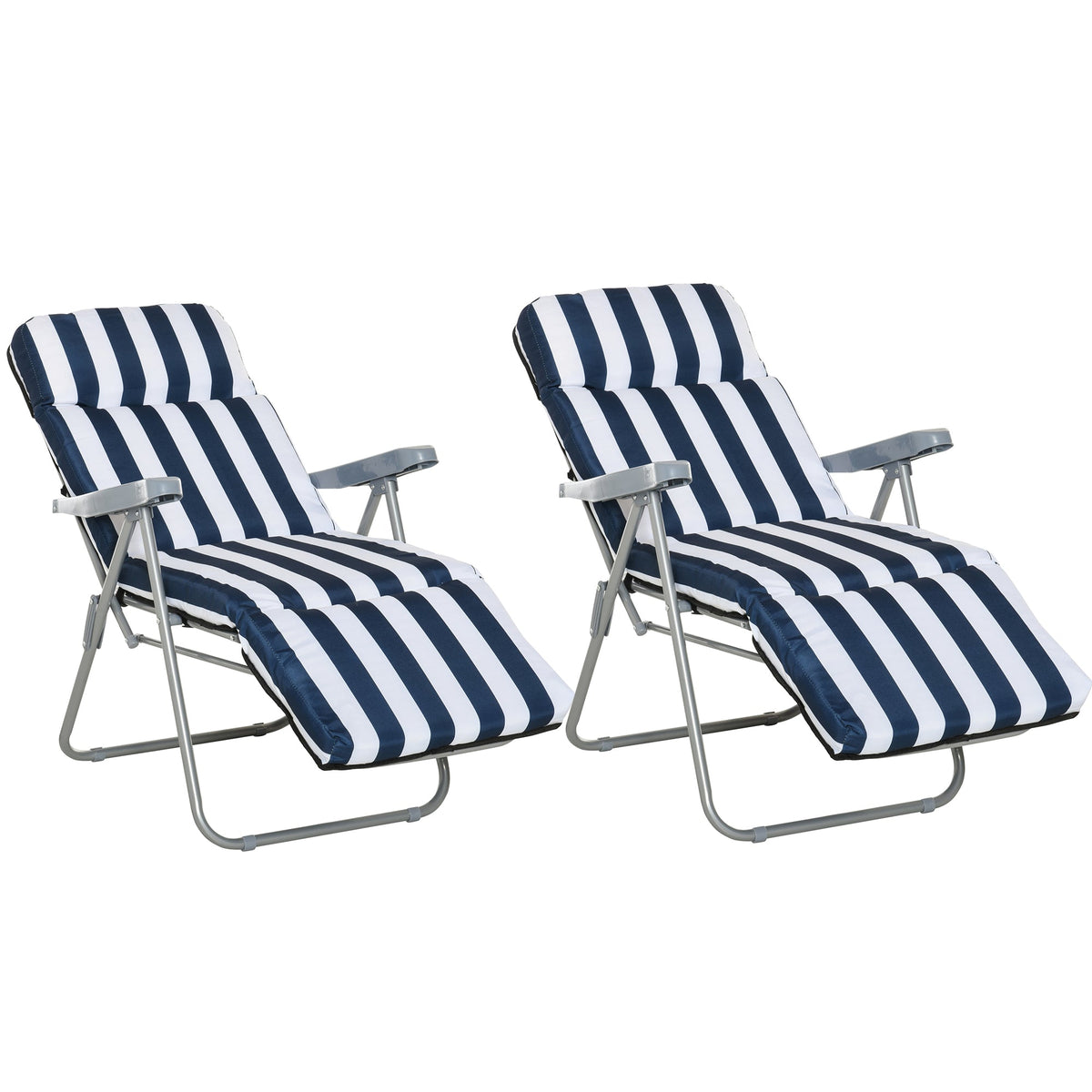 Pair of blue and white folding reclining garden chairs with cushions