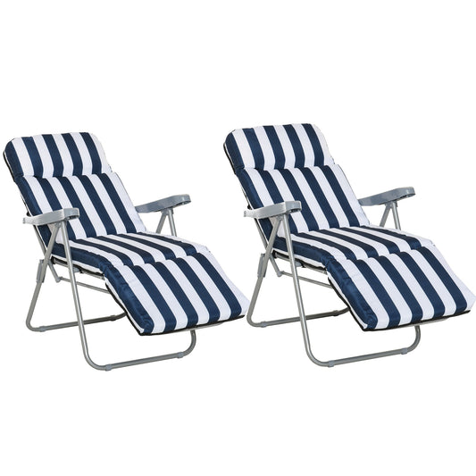 Pair of blue and white folding reclining garden chairs with cushions
