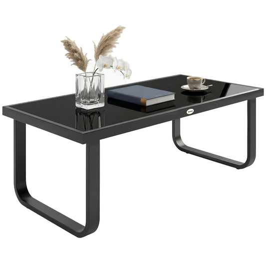 Black outdoor garden coffee table with tempered glass top and metal frame