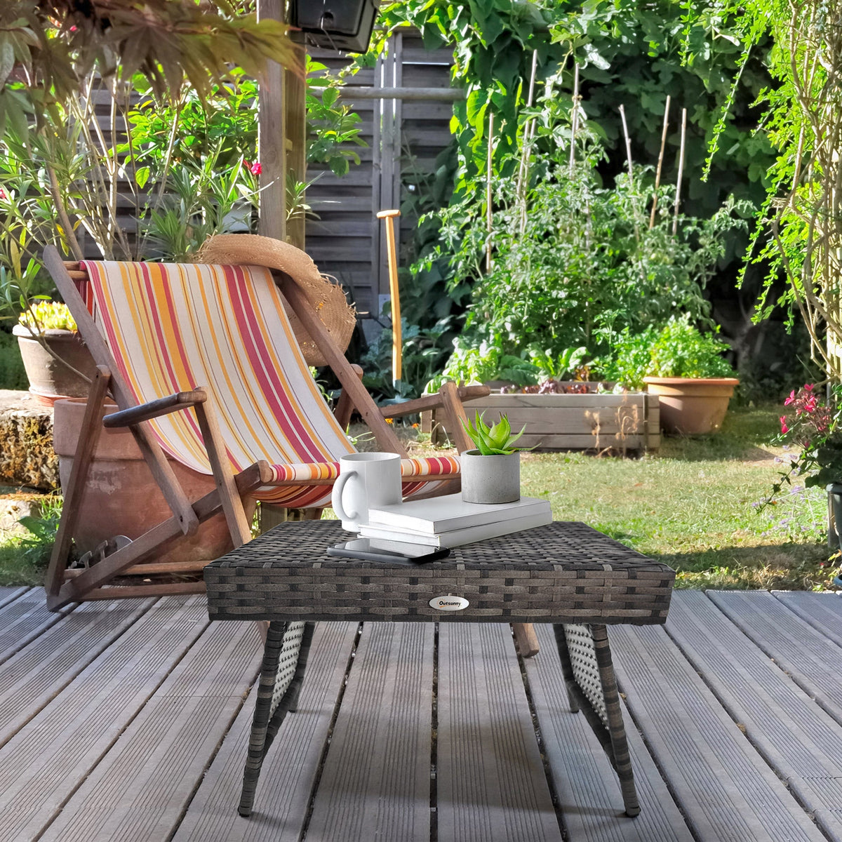 Folding Rattan-Effect Garden Side Table - Mixed Grey