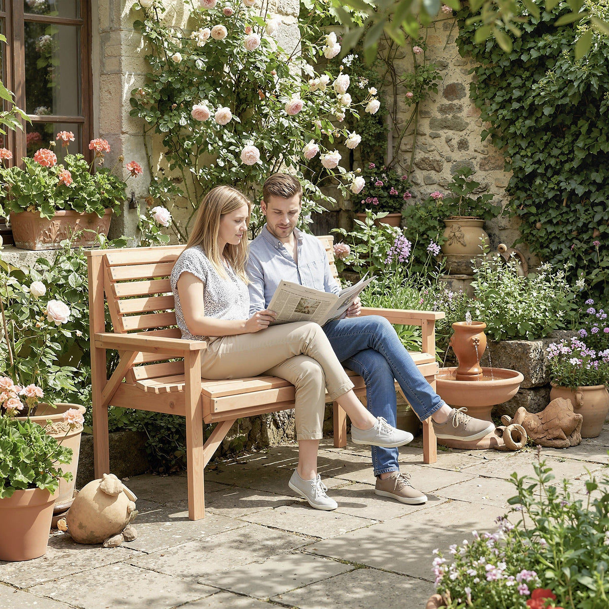 Two-Seater Wooden Garden Bench - Natural Finish