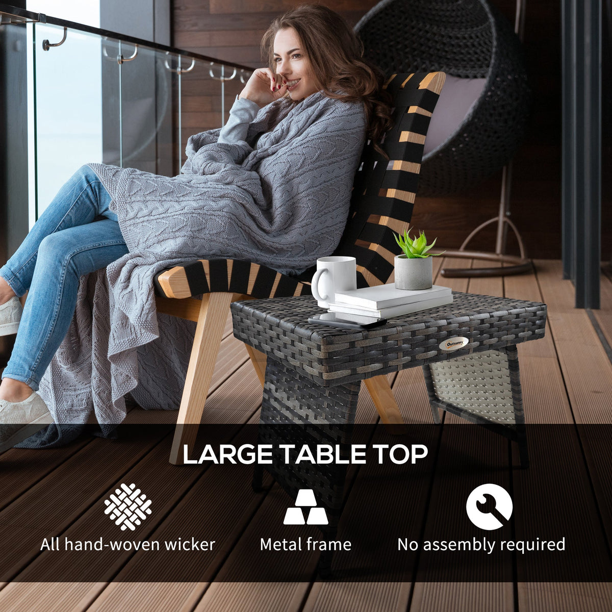 Folding Rattan-Effect Garden Side Table - Mixed Grey