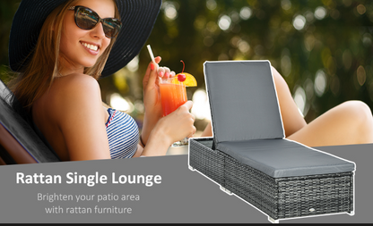 5-Position Reclining Rattan Sun Lounger with Cushion - Mixed Grey