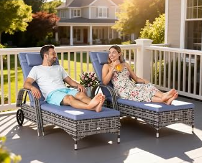 Three-piece mixed grey rattan-effect lounge set with two cushioned loungers and glass-top side table