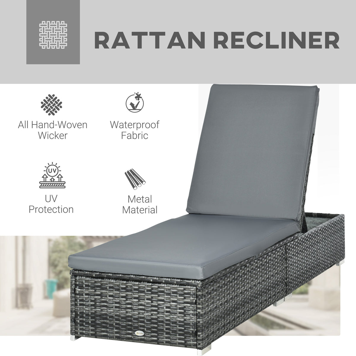 5-Position Reclining Rattan Sun Lounger with Cushion - Mixed Grey