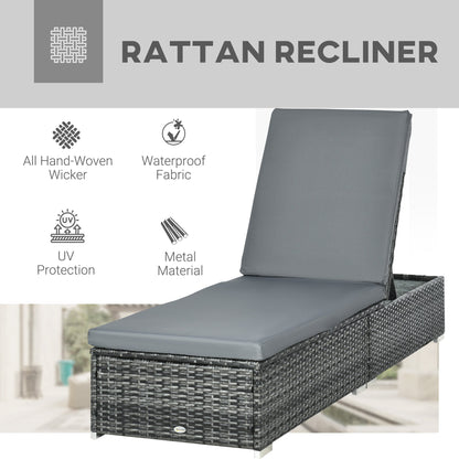 5-Position Reclining Rattan Sun Lounger with Cushion - Mixed Grey