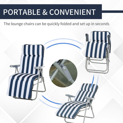 Set of 2 Folding Reclining Garden Chairs with Cushions - Blue and White
