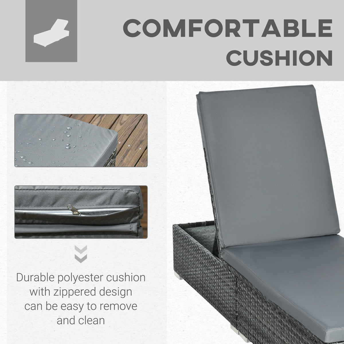 5-Position Reclining Rattan Sun Lounger with Cushion - Mixed Grey