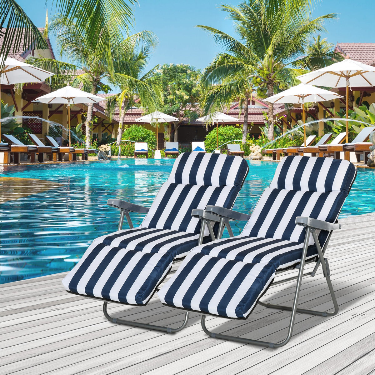 Set of 2 Folding Reclining Garden Chairs with Cushions - Blue and White