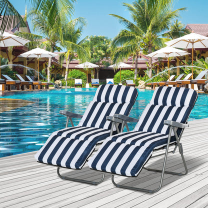 Set of 2 Folding Reclining Garden Chairs with Cushions - Blue and White