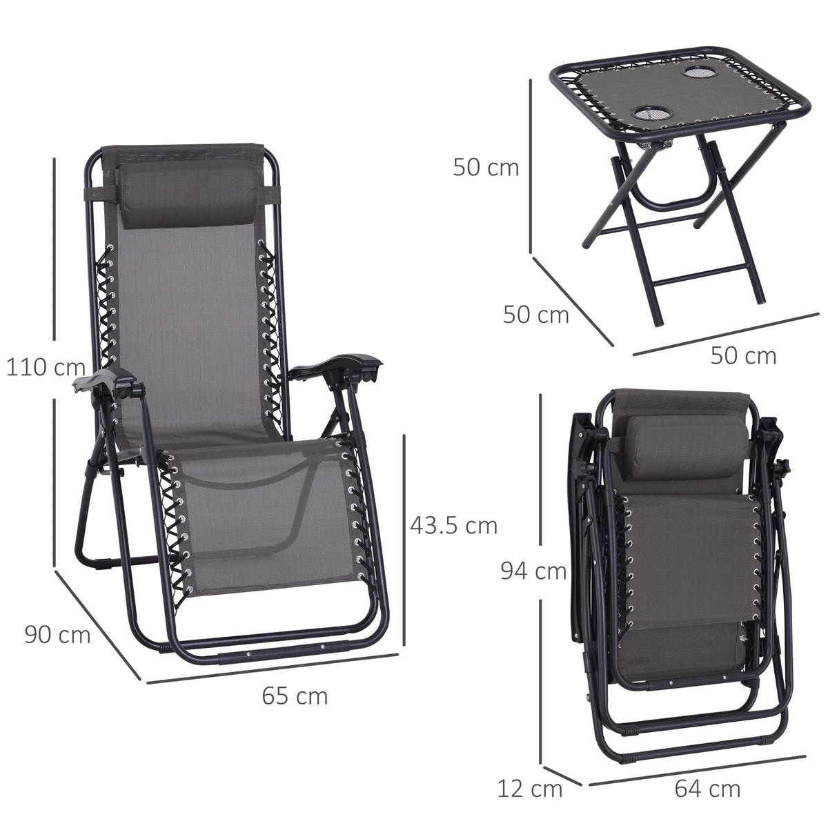 3-Piece Folding Reclining Garden Set with Cup-Holder Table - Dark Grey