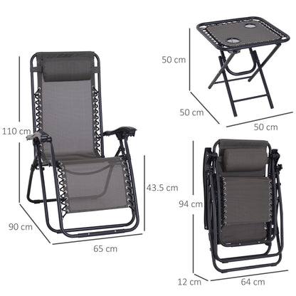 3-Piece Folding Reclining Garden Set with Cup-Holder Table - Dark Grey
