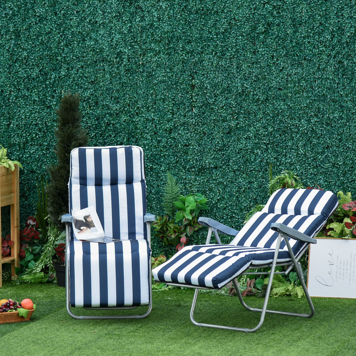 Set of 2 Folding Reclining Garden Chairs with Cushions - Blue and White