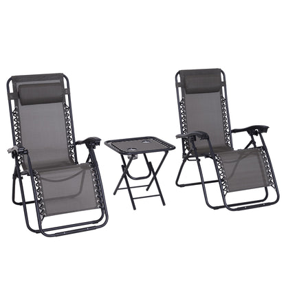 3-Piece Folding Reclining Garden Set with Cup-Holder Table - Dark Grey