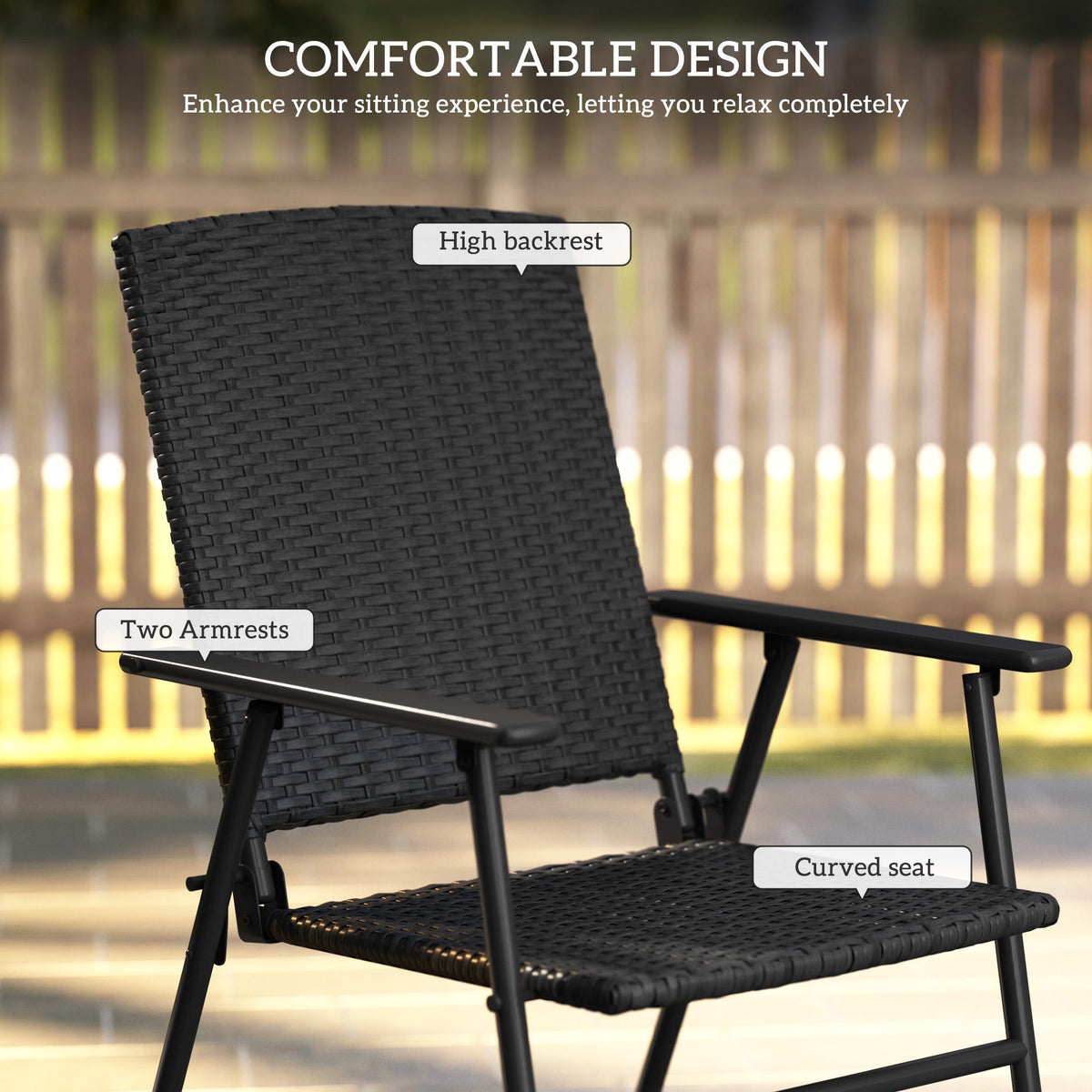 Set of 2 Folding Rattan Garden Chairs with Armrests - Black
