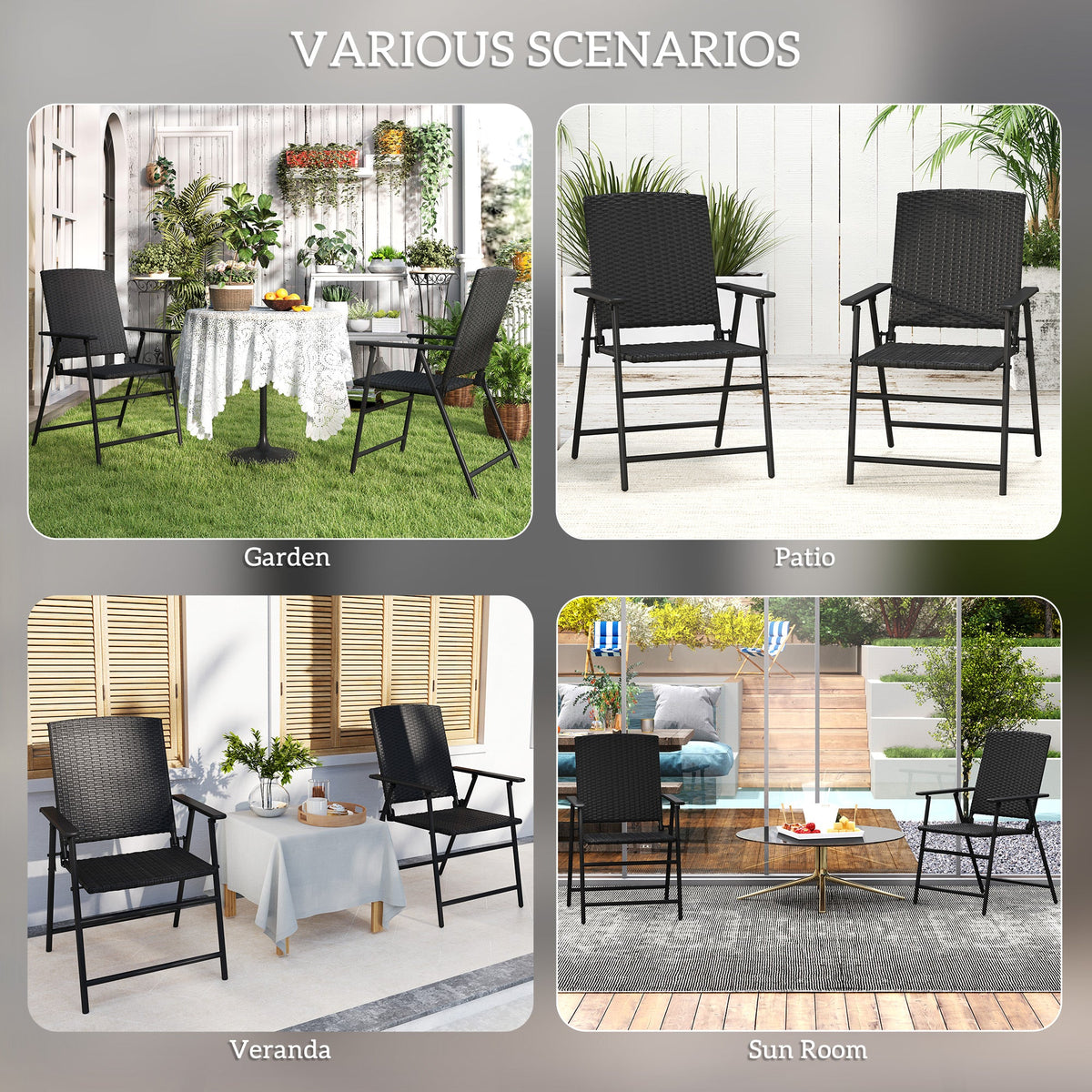 Set of 2 Folding Rattan Garden Chairs with Armrests - Black