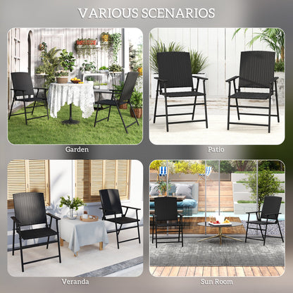 Set of 2 Folding Rattan Garden Chairs with Armrests - Black