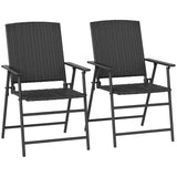 Two black folding rattan-effect garden chairs with armrests