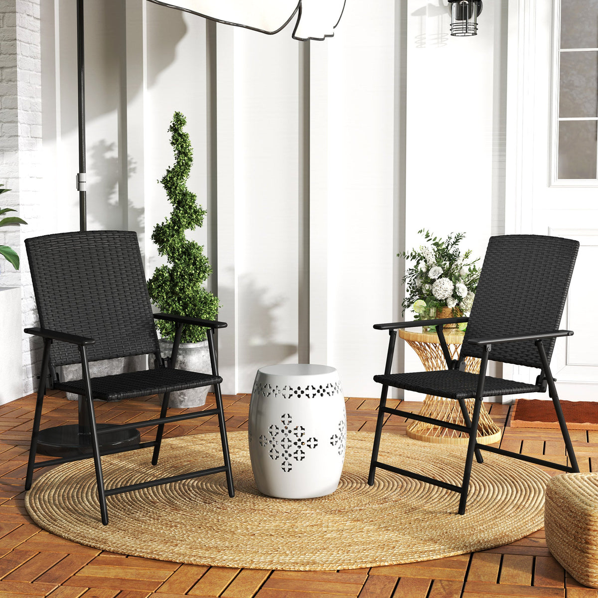 Set of 2 Folding Rattan Garden Chairs with Armrests - Black