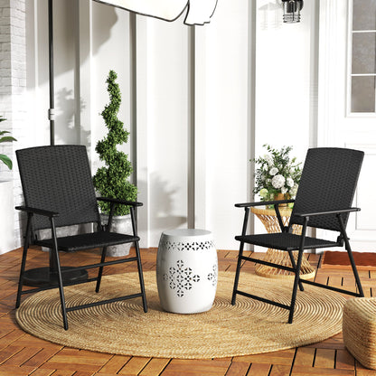 Set of 2 Folding Rattan Garden Chairs with Armrests - Black