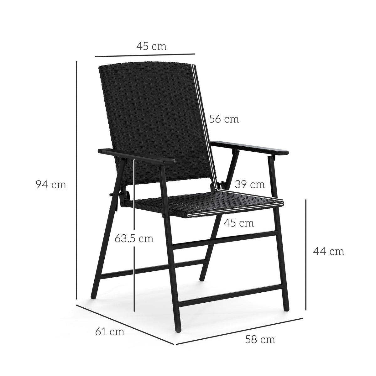 Set of 2 Folding Rattan Garden Chairs with Armrests - Black