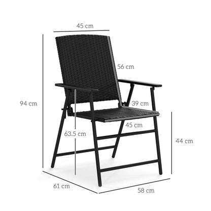 Set of 2 Folding Rattan Garden Chairs with Armrests - Black