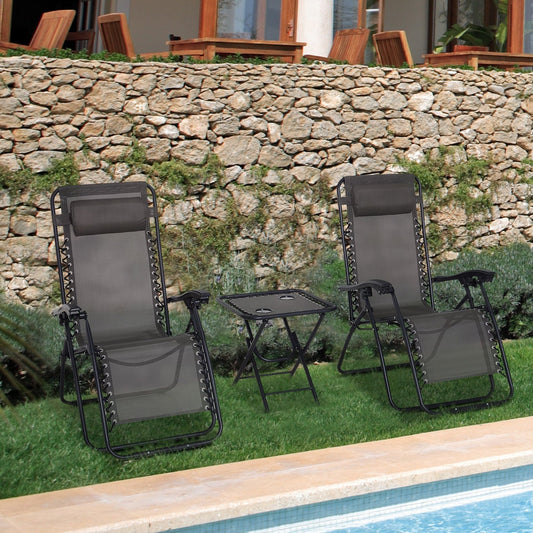 Dark grey folding reclining garden chairs with a matching cup-holder side table