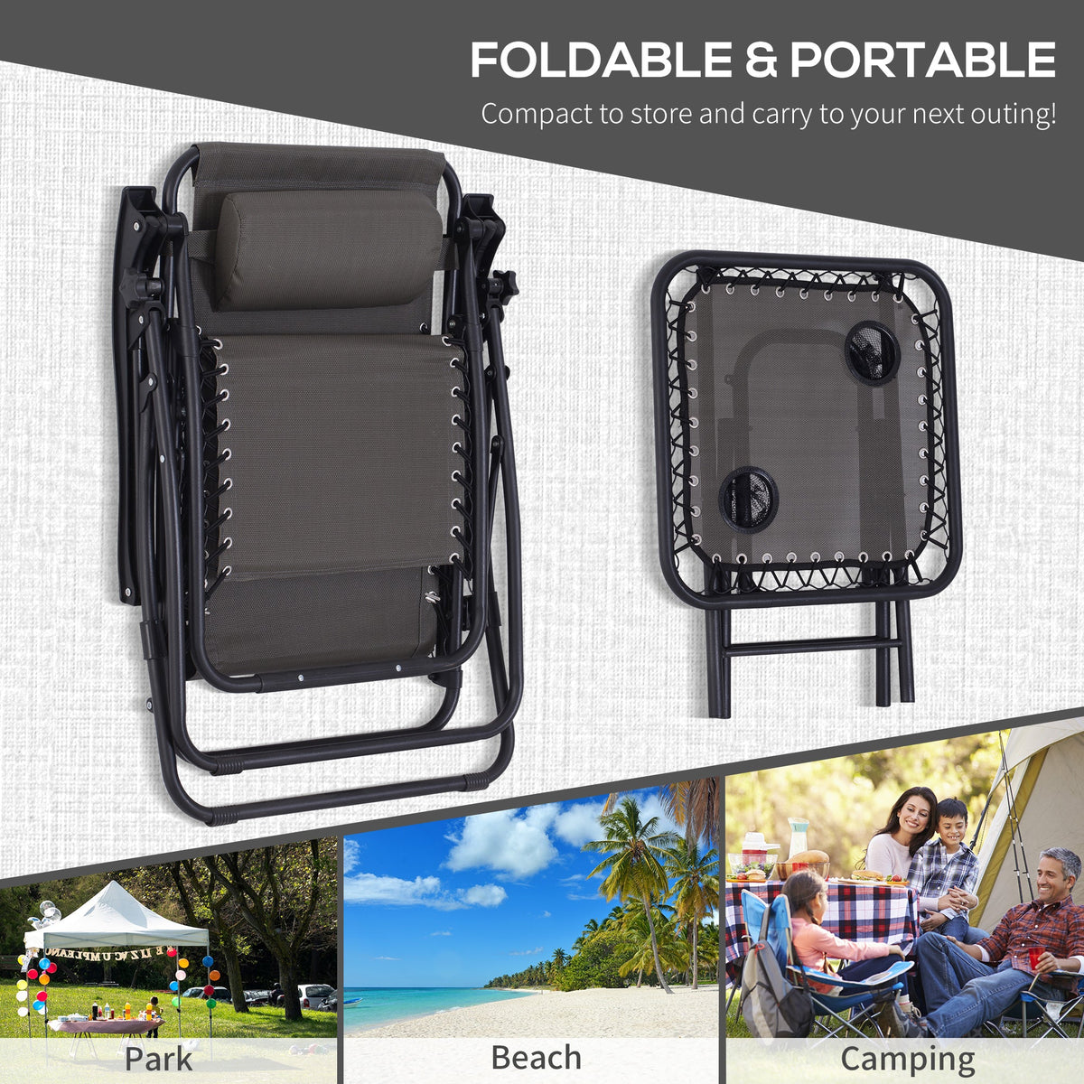 3-Piece Folding Reclining Garden Set with Cup-Holder Table - Dark Grey