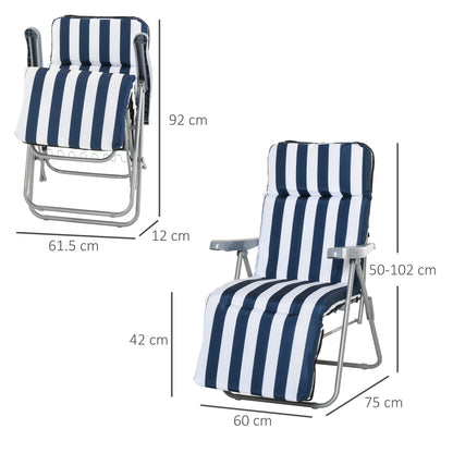 Set of 2 Folding Reclining Garden Chairs with Cushions - Blue and White