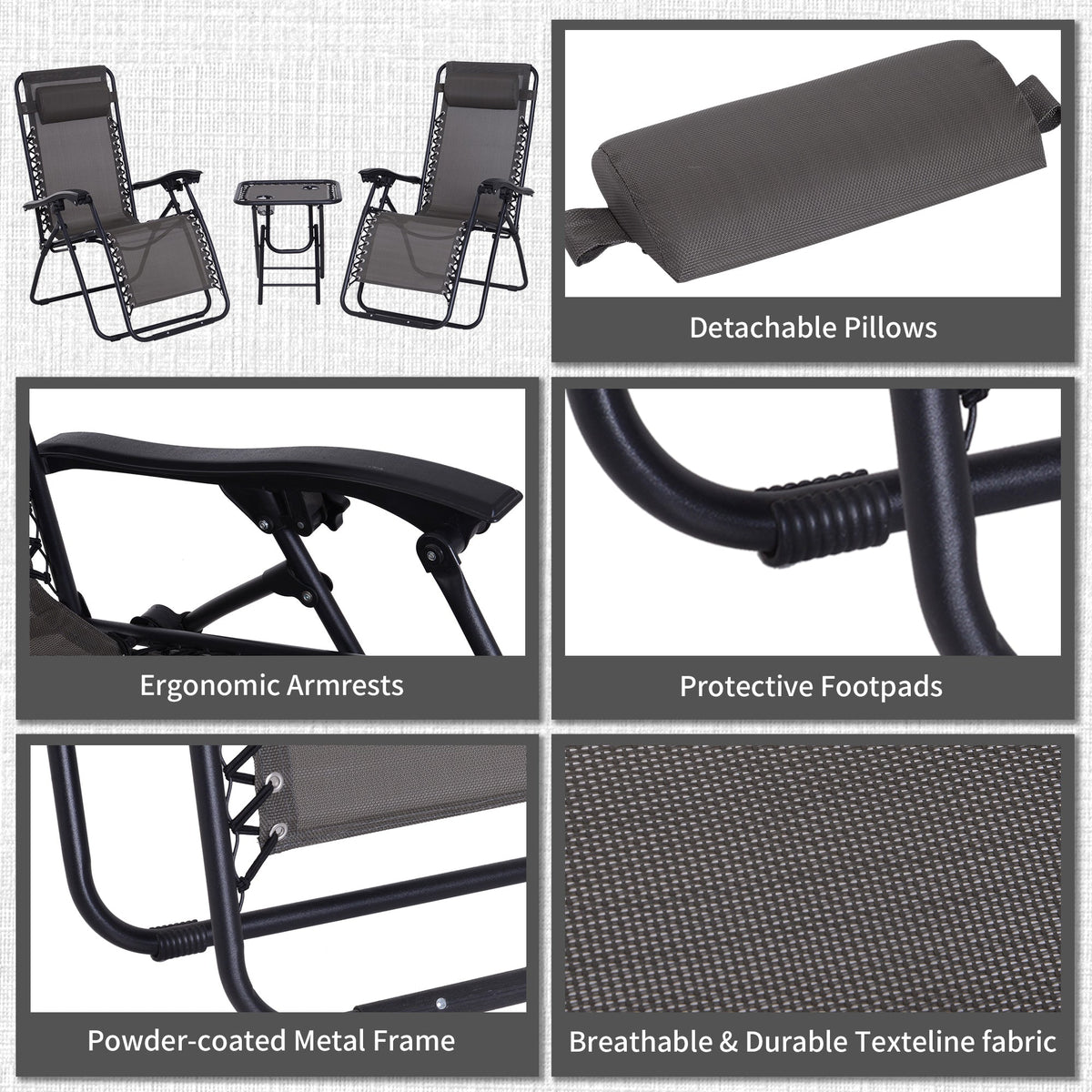 3-Piece Folding Reclining Garden Set with Cup-Holder Table - Dark Grey