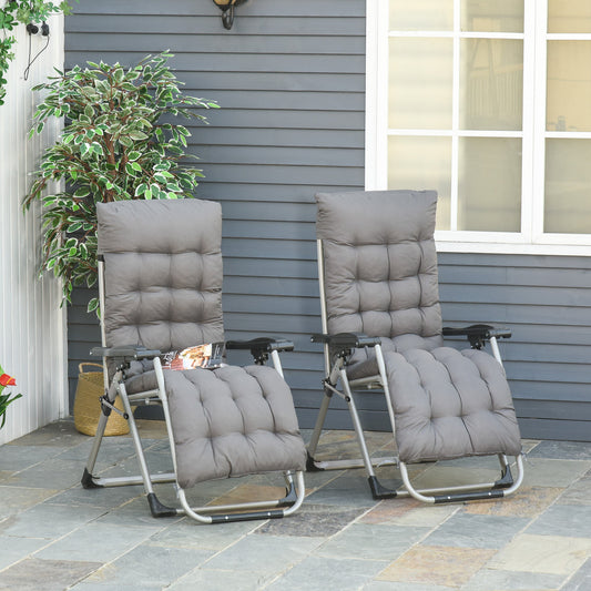 Pair of dark grey folding reclining garden chairs with cushions and headrests