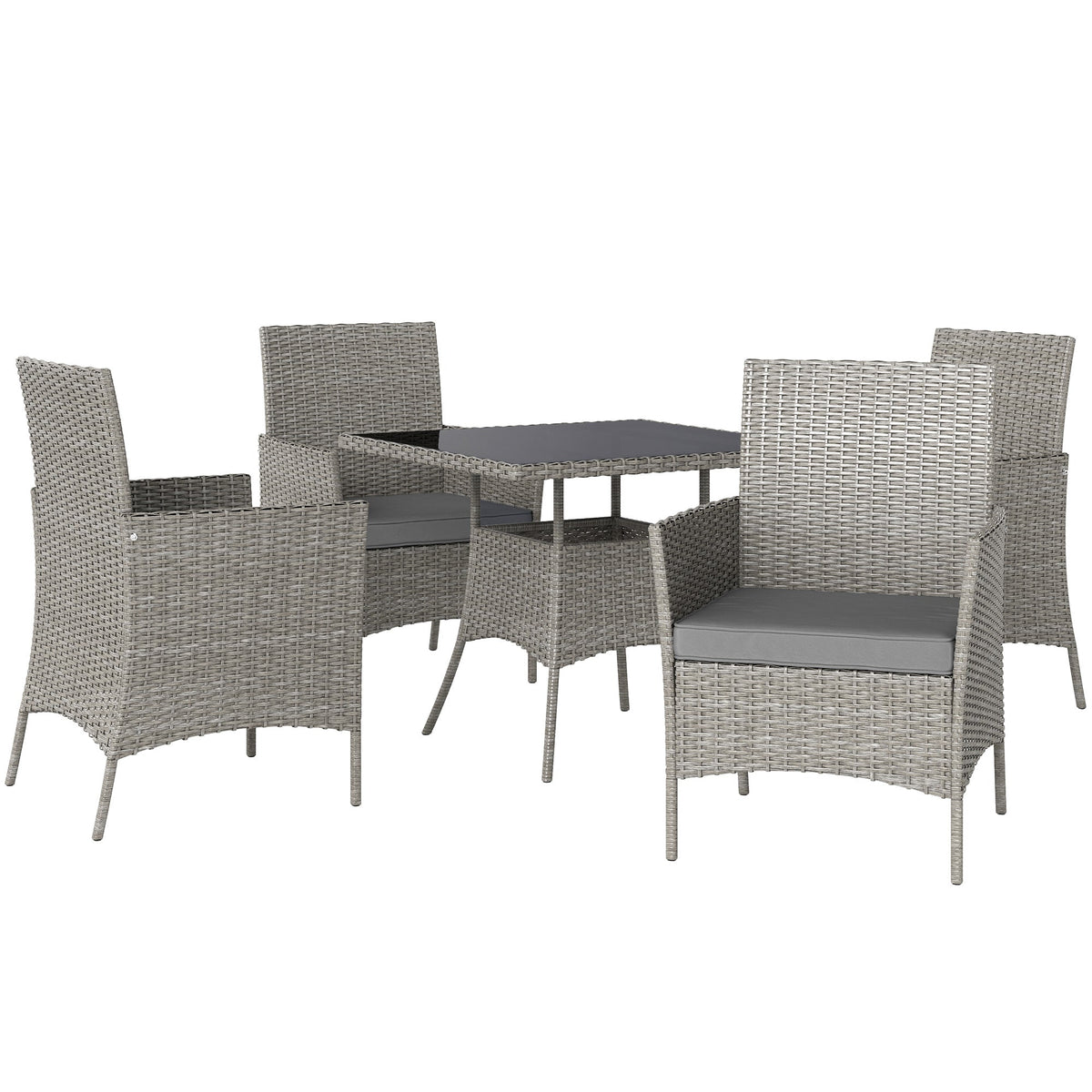 Five-piece rattan-effect outdoor dining set with four chairs and glass-top table