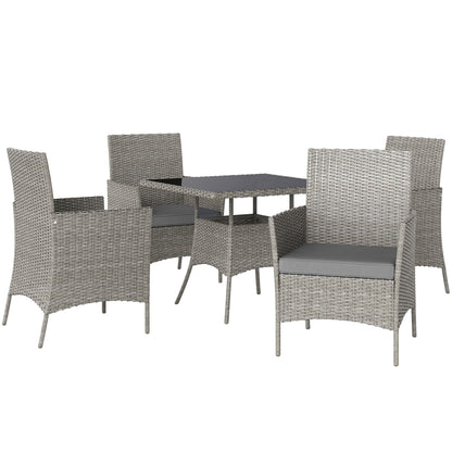 Five-piece rattan-effect outdoor dining set with four chairs and glass-top table