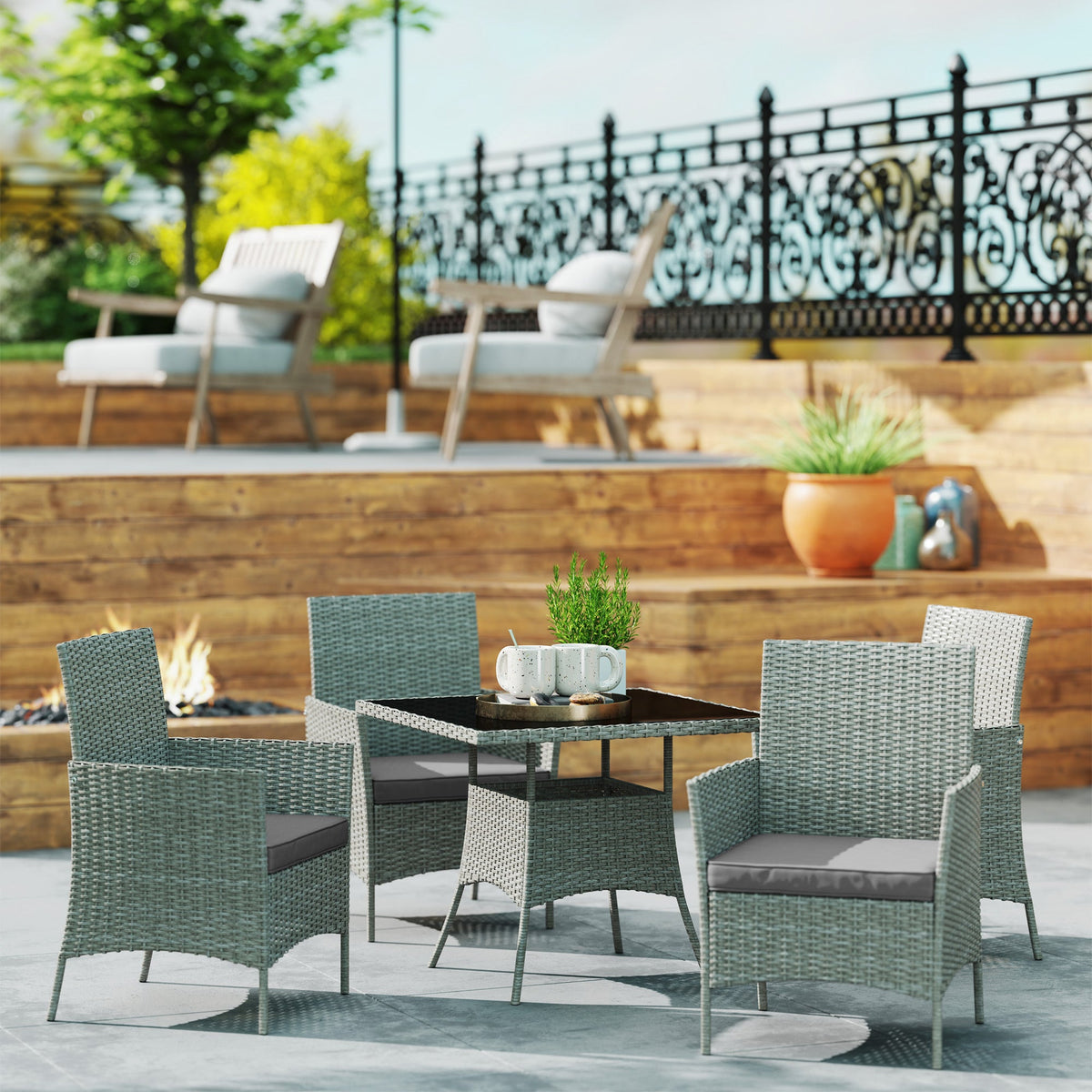 5-Piece Rattan-Effect Garden Dining Set with Glass-Top Table